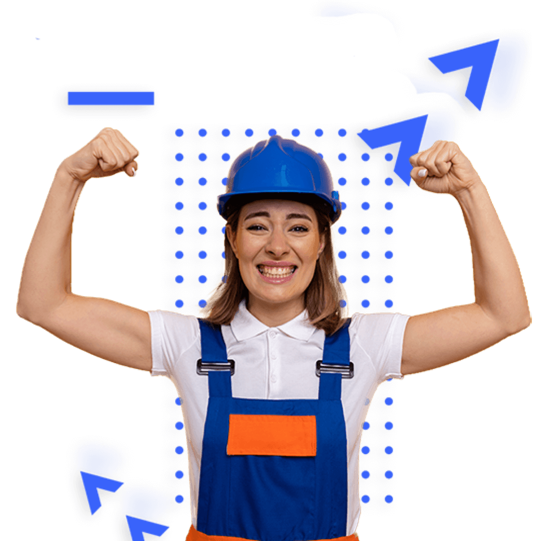 A woman proudly flaunting her well-defined arm muscles while dressed in a civil engineer uniform.